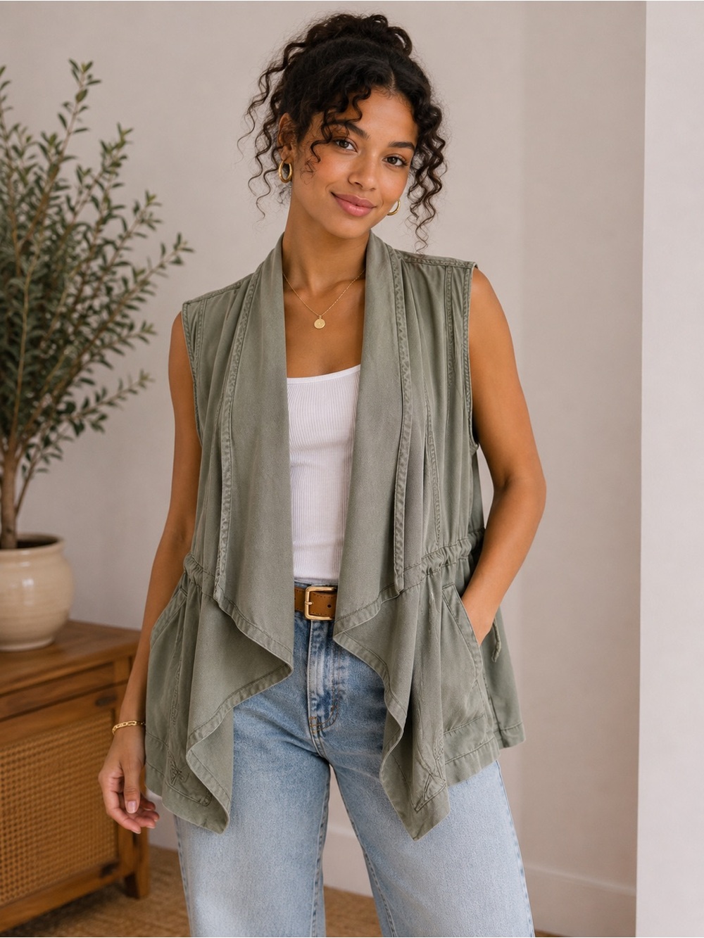 Max Jeans Women’s Olive Green Draped Utility Vest Open Front Size: Medium